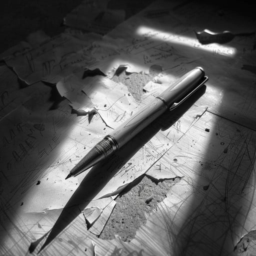 Torn pieces from a letter with a pen