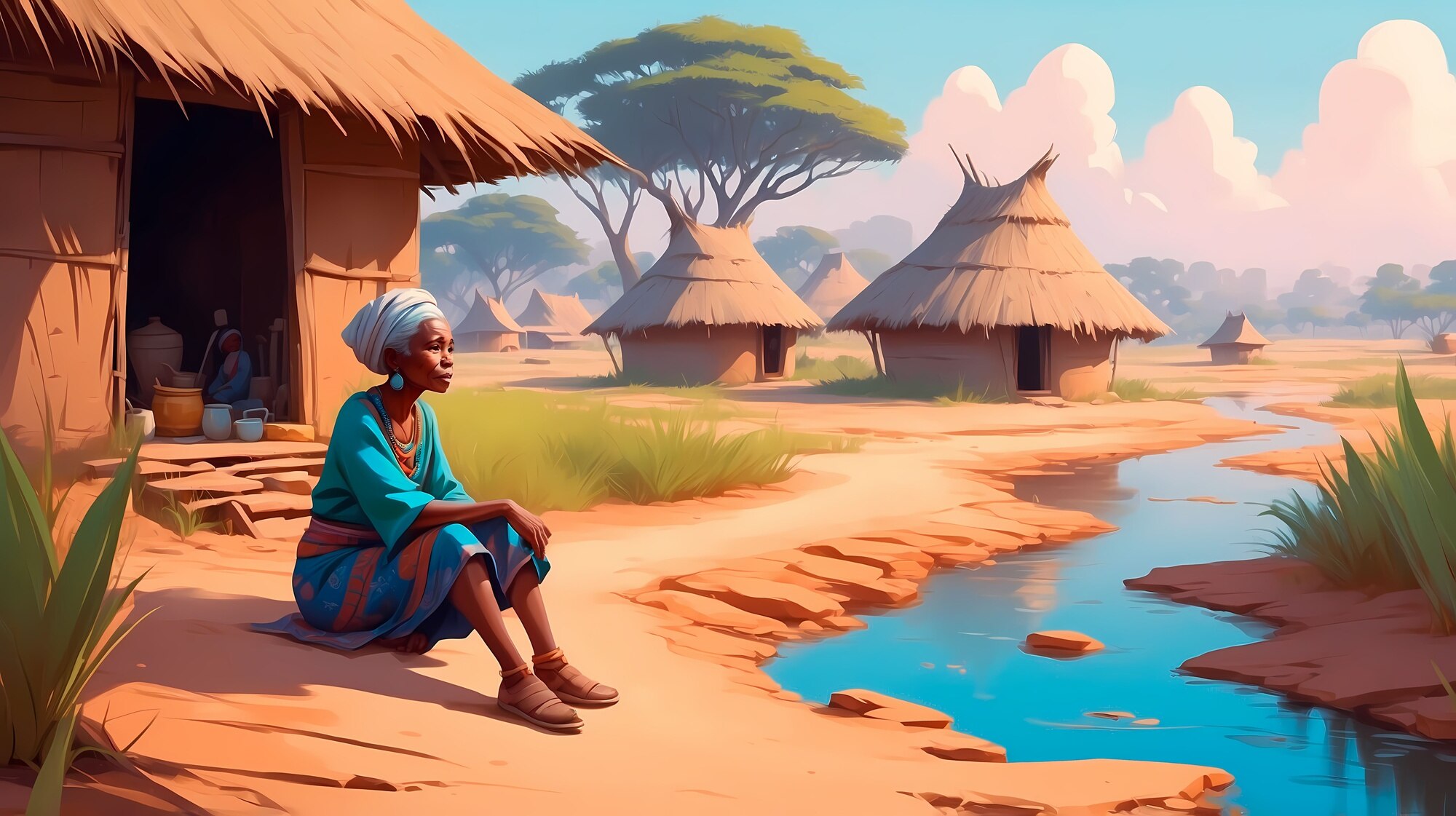 sad looking woman sitting on a dusty village ground