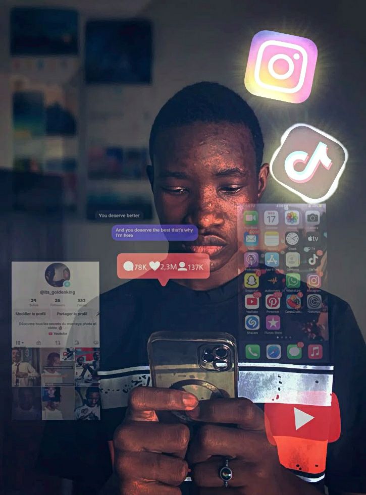 a man standing with visual images of social media surrounding him