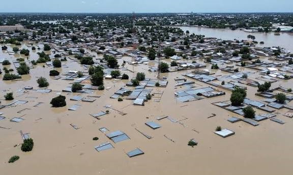 a town that is flooded up to the roof of the houses