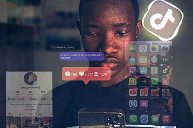 a man standing with visual images of social media surrounding him