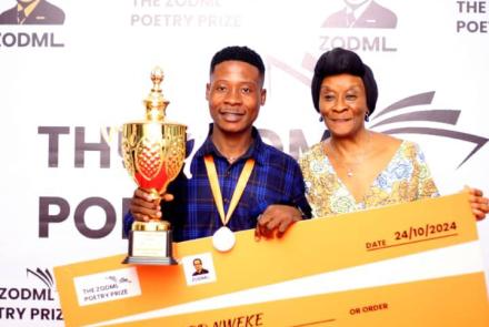 Bernard Nweke winner of the 2024 poetry prize with the chair/co-founder of zodml Ifeoma Esiri