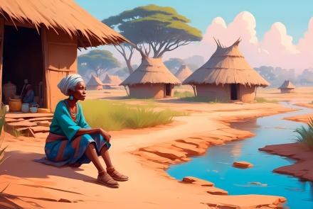 sad looking woman sitting on a dusty village ground