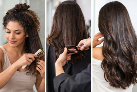 3 columns showing as woman brush her brown hair